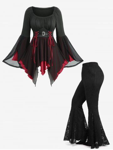 Lace-up Tulip Hem Flare Sleeve Top and Floral Lace Patchwork Flare Pants Plus Size Outfit - BLACK
