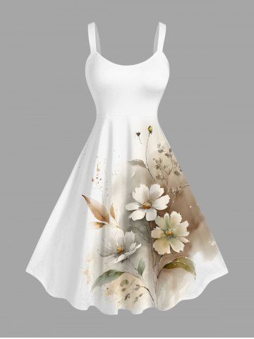 Plus Size Flowers Leaf Ombre Print Hawaii Tank Dress - WHITE - XXS