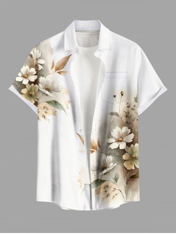 Plus Size Flowers Leaf Ombre Print Buttons Pocket Hawaii Shirt For Men - WHITE - 4XL