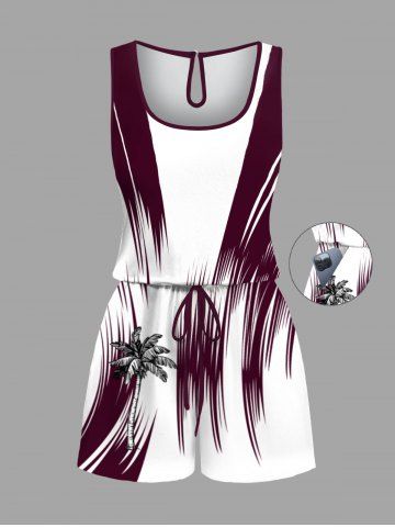 Plus Size Coconut Tree Print Cinched Hawaii Romper - WHITE - XS