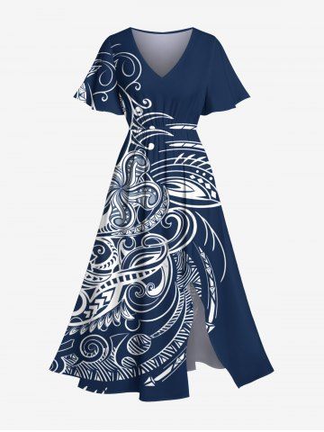 Plus Size Floral Pattern Print Split Hawaii Midi Dress - DEEP BLUE - XXS