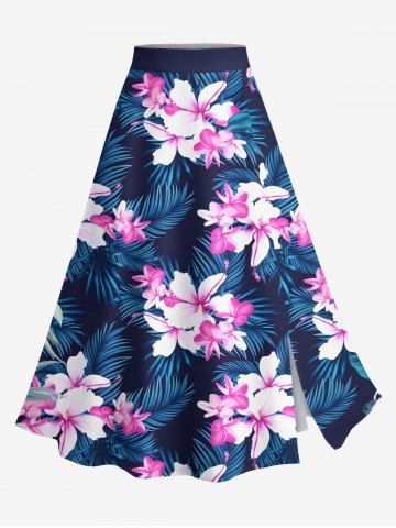 Plus Size Hibiscus Flowers Tropical Leaf Print Split Hawaii Skirt - BLACK - 6X