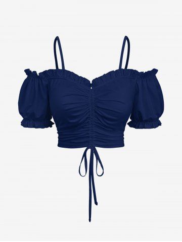 Plus Size Cinched Ruched Ruffles Cold Shoulder Cami Top - DEEP BLUE - S