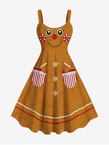 Plus Size Christmas Gingerbread Candy Print Tank Dress - BROWN - XS