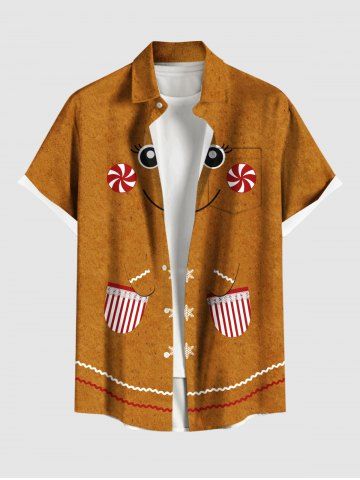 Plus Size Christmas Gingerbread Candy Print Buttons Pocket Shirt For Men - ORANGE - 4XL