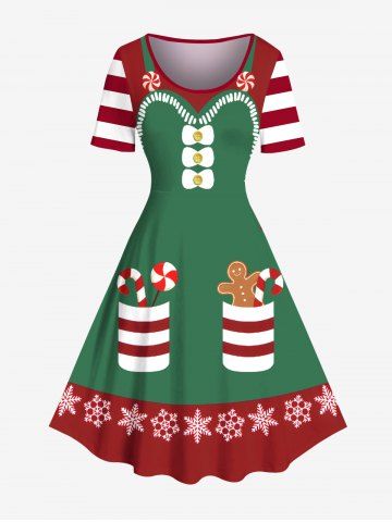 Plus Size Christmas Gingerbread Candy Pockets Print Vintage Dress - GREEN - 6X
