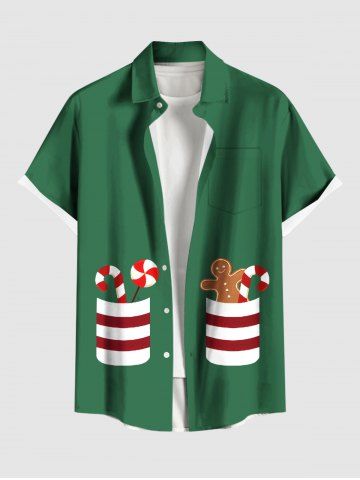 Plus Size Christmas Gingerbread Candy Pockets Print Buttons Pocket Shirt For Men - GREEN - 5XL
