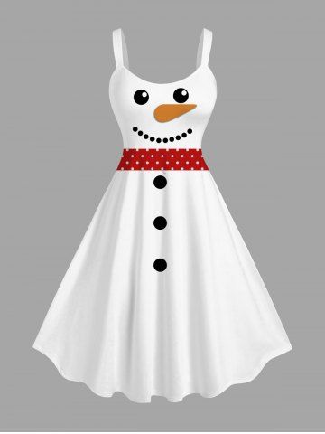 Plus Size Christmas Snowman Scarf Print Tank Dress - WHITE - 1X
