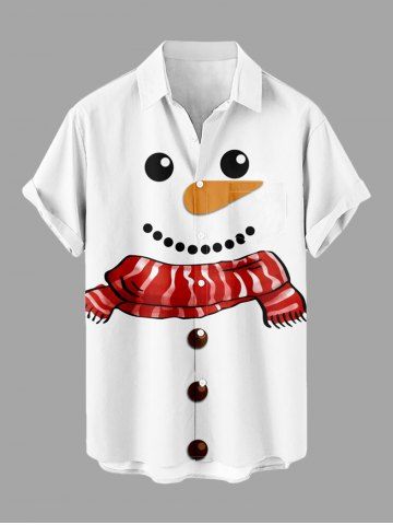 Plus Size Christmas Snowman Scarf Print Buttons Pocket Shirt For Men - WHITE - 6XL