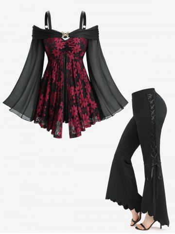 Two Tone Flower Lace Ruched Top and Lace-up Scalloped Hem Solid Flare Pants Plus Size Outfit - BLACK
