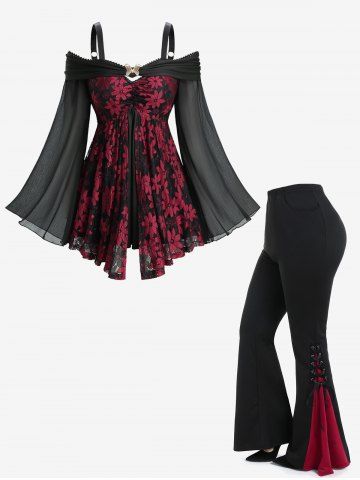 Two Tone Lace Flower Ruched Top and Lace-up Contrast Godet Hem Flare Pants Plus Size Outfit - BLACK