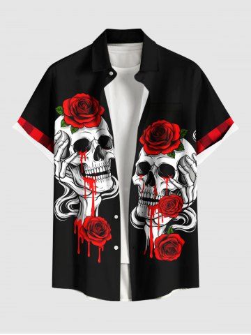 Plus Size Skull Bloody Rose Flower Print Button Pocket Shirt For Men - BLACK - 6XL