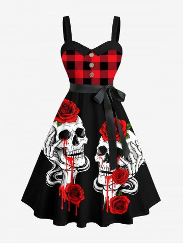 Plus Size Skull Bloody Rose Flower Plaid Print Button A Line Dress with Removable Belt - BLACK - XS