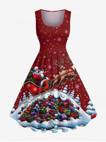 Plus Size Christmas Tree Santa Claus Elk Snowflake Gift Box Print 1950s Vintage Dress - DEEP RED - XS