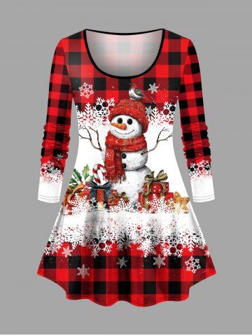 Plus Size Christmas Gift Snowflake Snowman Plaid Print Long Sleeves T-shirt - RED - 6X
