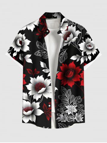 Plus Size Ombre Flower Leaf Branch Print Hawaii Button Pocket Shirt For Men - BLACK - S