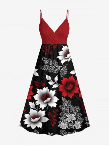 Plus Size Ombre Flower Leaf Branch Print Hawaii Surplice A Line Cami Dress - BLACK - XS