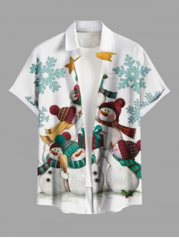 Plus Size Christmas Gift Snowflake Snowman Print Button Pocket Shirt For Men - WHITE - 5XL