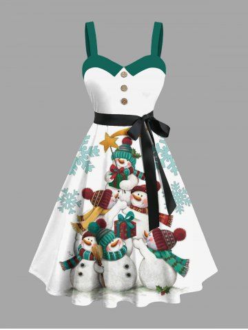 Plus Size Christmas Gift Snowflake Snowman Print Button A Line Dress with Removable Belt - WHITE - M