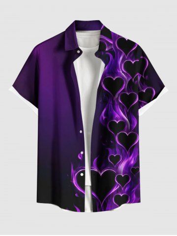Plus Size Heart Fire Flame Print Hawaii Button Pocket Shirt For Men - PURPLE - S