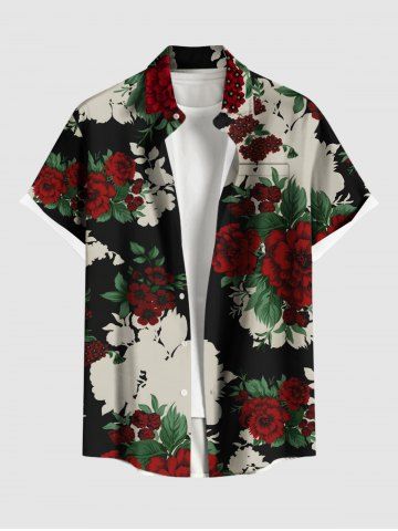 Plus Size Flower Leaf Print Button Pocket Shirt For Men - BLACK - 3XL