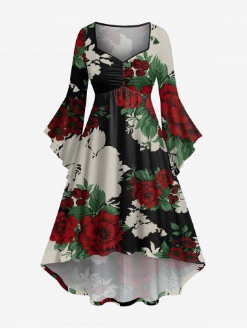 Plus Size Flower Leaf Print Ruched High Low Asymmetric Dress - BLACK - 6X