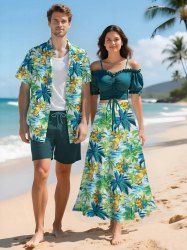 Coconut Tree Hibiscus Flower Sea Surfer Print Plus Size Matching Hawaii Beach Outfit For Couples -  