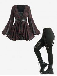 Haut à lacets en PU à rayures et manches évasées fendues et leggings en résille ajourés à tête de mort, tenue grande taille - Noir 