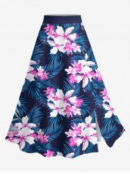 Jupe hawaïenne fendue grande taille à imprimé feuilles tropicales et fleurs d'hibiscus - Noir 1X