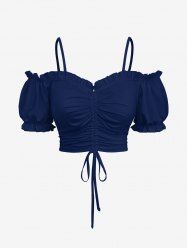Haut caraco froncé à volants et épaules dénudées grande taille - Bleu profond 4X