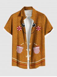 Plus Size Christmas Gingerbread Candy Print Buttons Pocket Shirt For Men -  