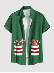 Plus Size Christmas Gingerbread Candy Pockets Print Buttons Pocket Shirt For Men -  