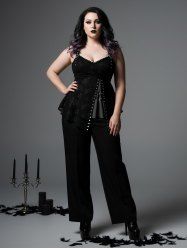 Débardeur Côtelé Croisé Bouclé Fleur Rose Imprimées de Grande Taille à Œillet - Noir 4X | US 26-28