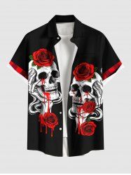 Chemise grande taille à imprimé tête de mort et rose sanglante avec poche boutonnée pour homme - Noir XL