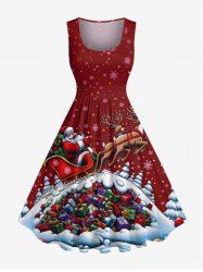 Robe vintage des années 50 avec imprimé sapin de Noël, Père Noël, élan, flocon de neige, coffret cadeau grande taille - Rouge foncé S