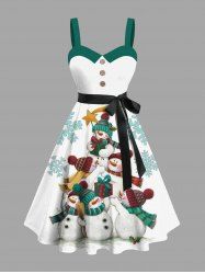 Plus Size Christmas Gift Snowflake Snowman Print Button A Line Dress with Removable Belt -  