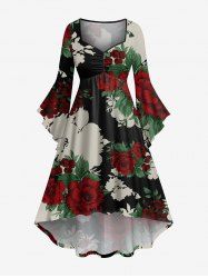 Plus Size Flower Leaf Print Ruched High Low Asymmetric Dress -  