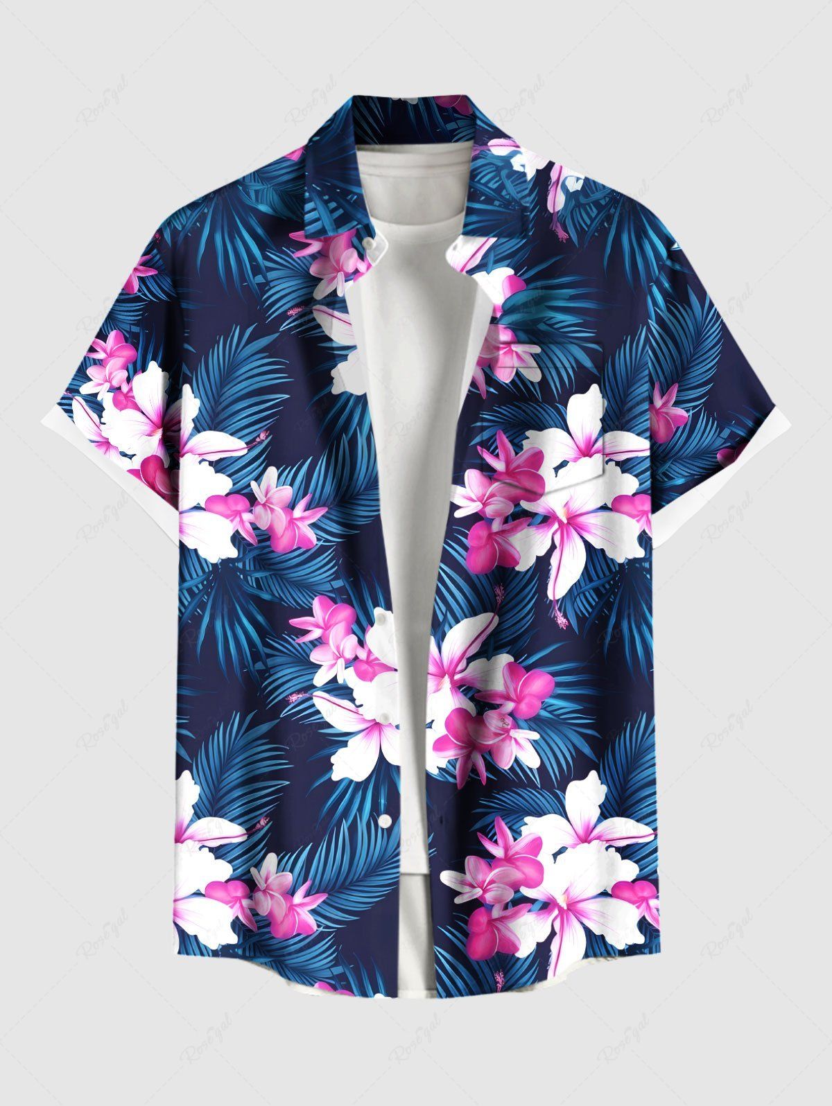 Store Plus Size Hibiscus Flowers Tropical Leaf Print Buttons Pocket Hawaii Shirt For Men  