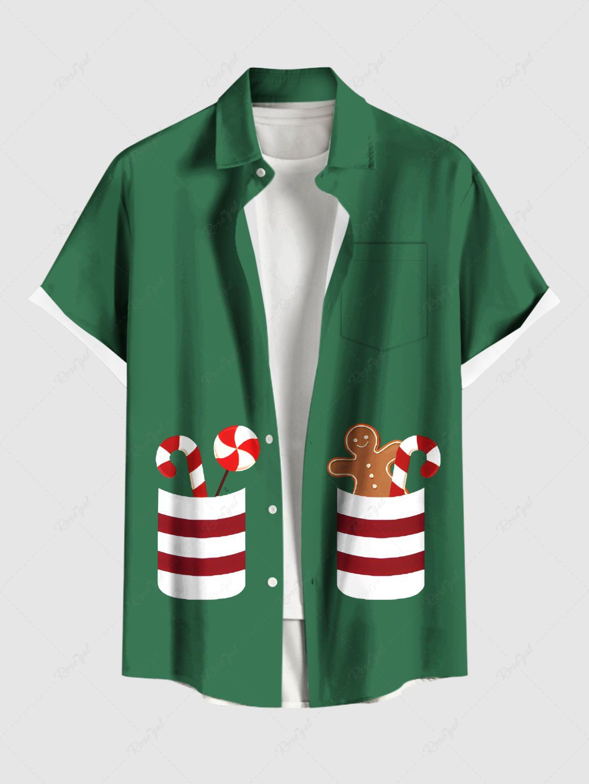 Shop Plus Size Christmas Gingerbread Candy Pockets Print Buttons Pocket Shirt For Men  