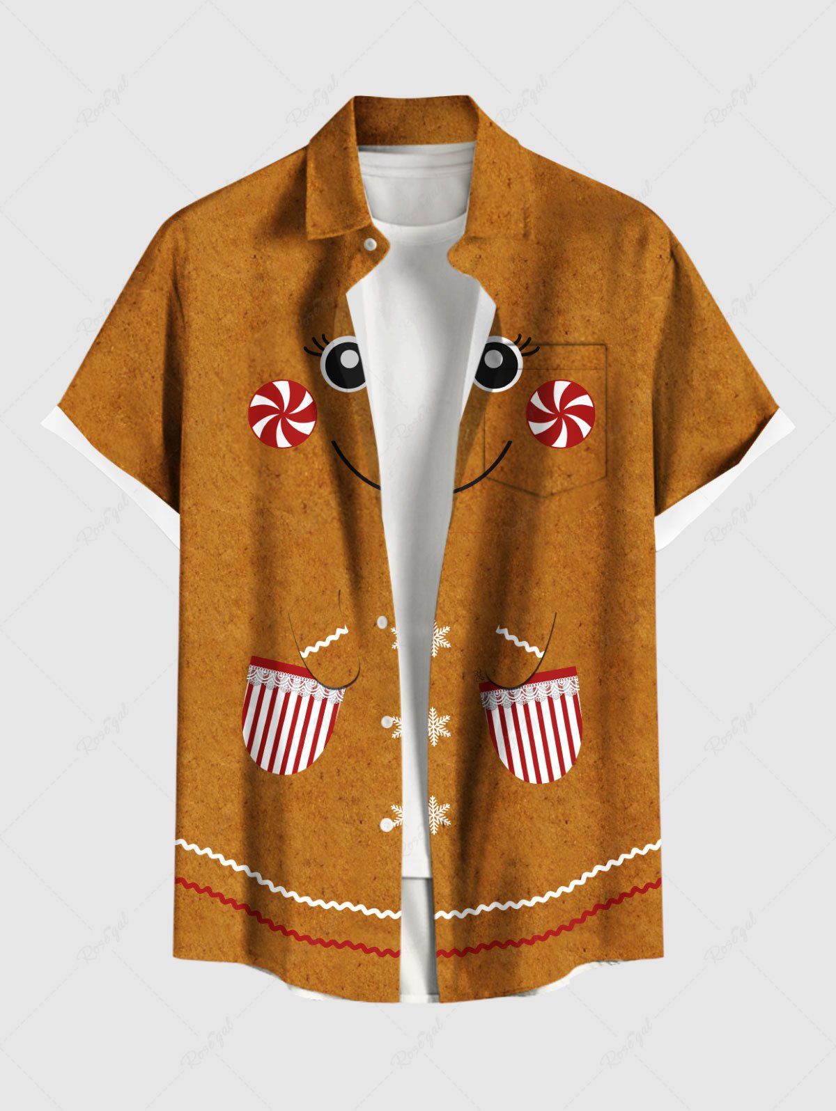 Unique Plus Size Christmas Gingerbread Candy Print Buttons Pocket Shirt For Men  