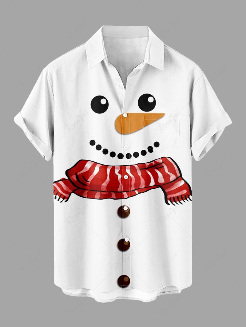 Chemise de Noël grande taille à boutons et poches pour homme, avec imprimé bonhomme de neige et écharpe Blanc S