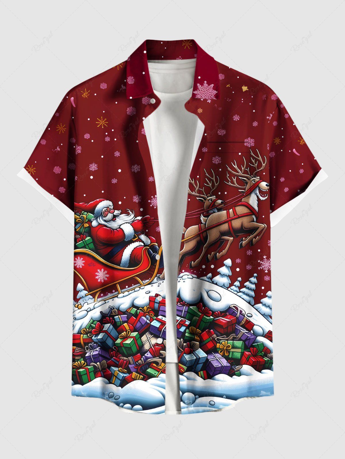 Chemise grande taille à imprimé sapin de Noël, Père Noël, élan, flocon de neige, coffret cadeau, boutons et poche pour homme Rouge S