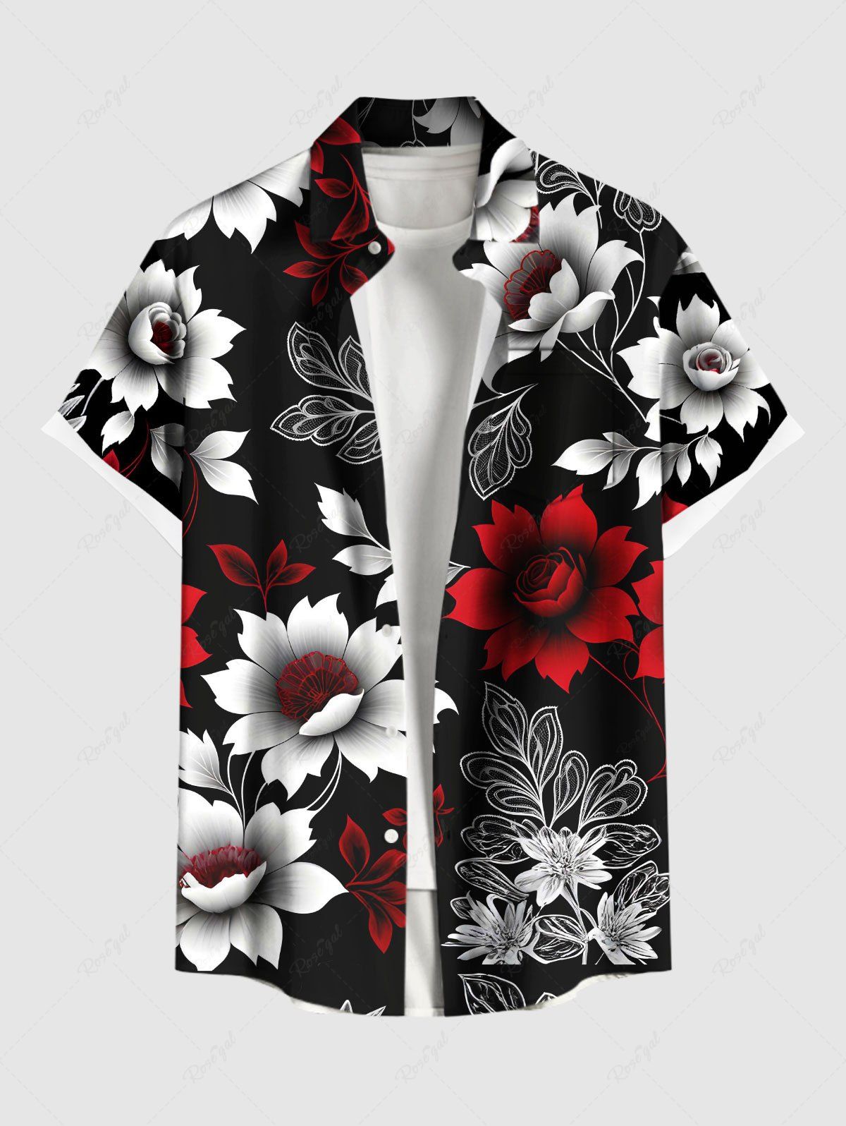 Chemise hawaïenne grande taille à imprimé floral, feuilles et branches ombré, avec poches boutonnées pour homme Noir 4XL