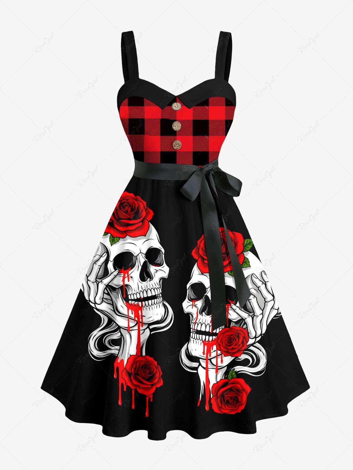 Robe trapèze boutonnée à imprimé écossais, motif tête de mort, rose sanglante, grande taille, avec ceinture amovible Noir XS