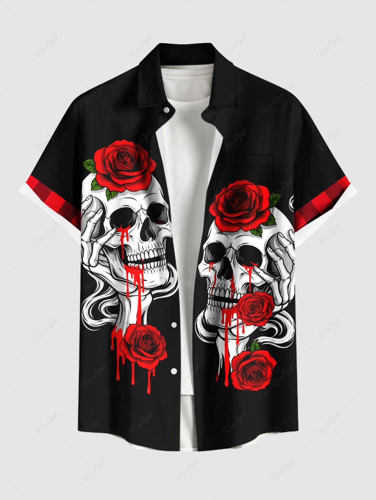 Chemise grande taille à imprimé tête de mort et rose sanglante avec poche boutonnée pour homme Noir 2XL
