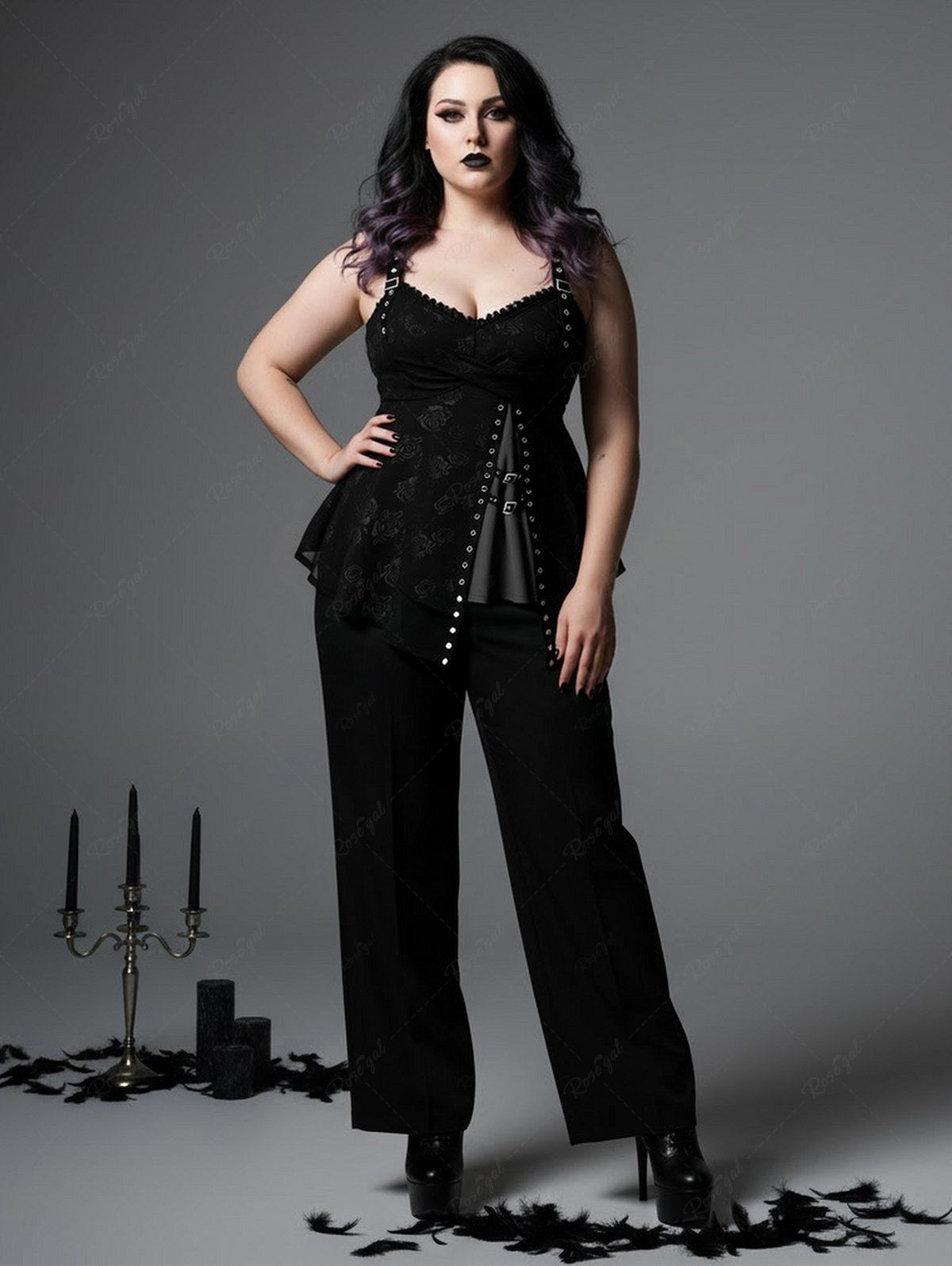 Débardeur Côtelé Croisé Bouclé Fleur Rose Imprimées de Grande Taille à Œillet Noir 4X | US 26-28