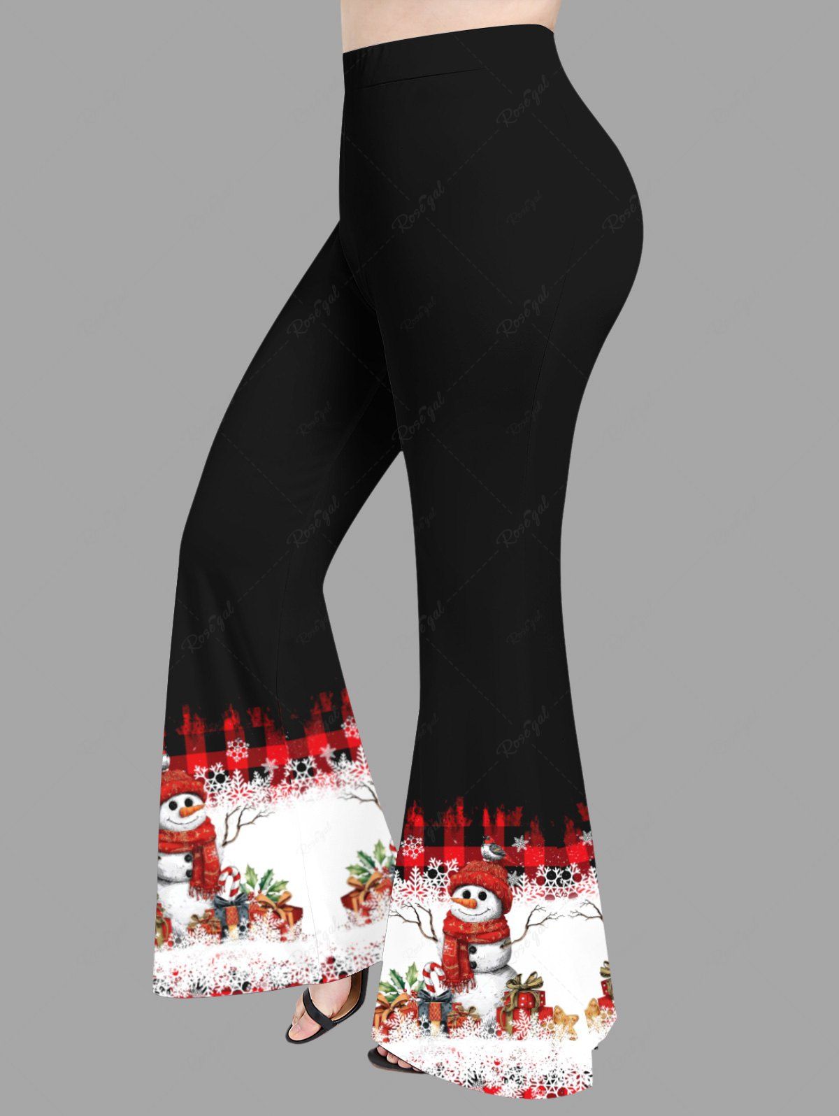 Pantalon évasé à carreaux avec imprimé flocon de neige et bonhomme de neige, grande taille, cadeau de Noël Noir XS