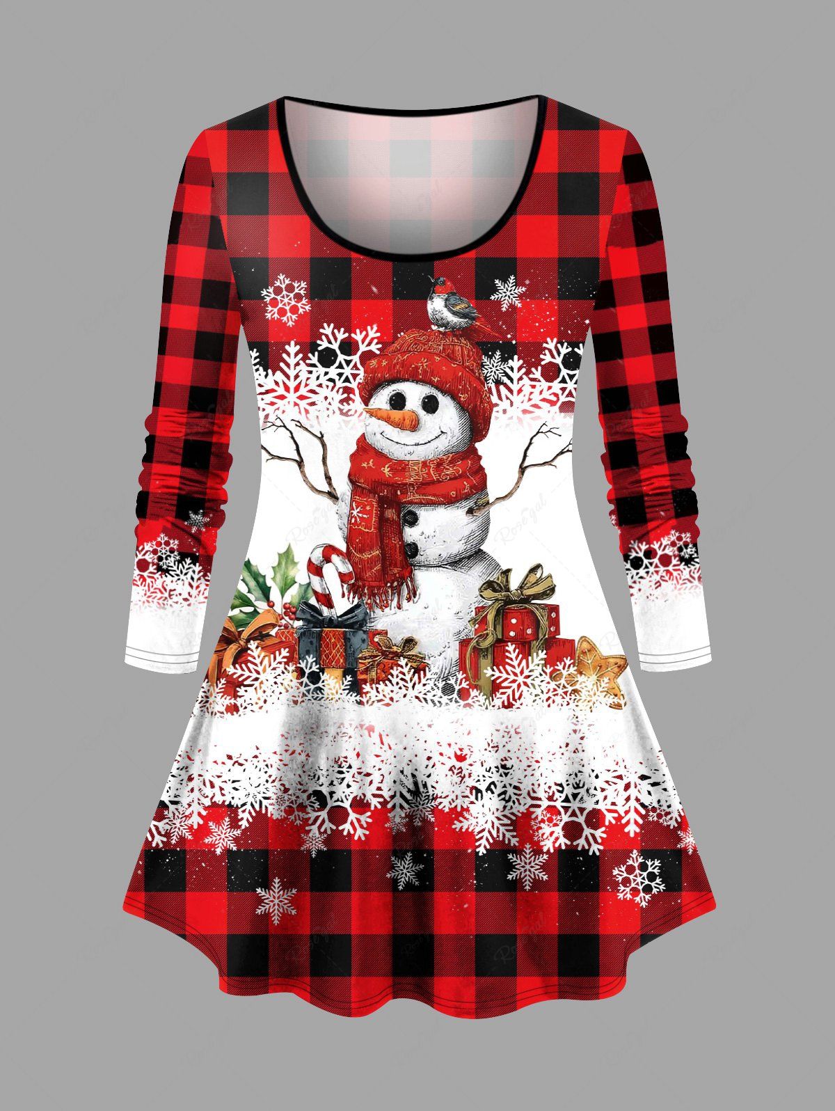 T-shirt à manches longues imprimé flocon de neige bonhomme de neige grande taille pour cadeau de Noël Rouge XS