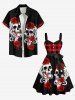 Robe trapèze boutonnée à imprimé écossais, motif tête de mort, rose sanglante, grande taille, avec ceinture amovible - Noir 2X