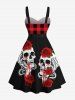 Robe trapèze boutonnée à imprimé écossais, motif tête de mort, rose sanglante, grande taille, avec ceinture amovible - Noir 2X